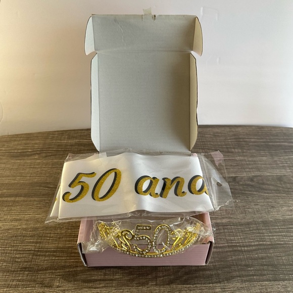 Other - Elegant 50th Birthday Sash & Tiara Crown Gift Boxed White Gold Black NEW